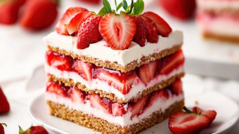 Sliced cake made with layers of graham, whipped cream and fresh strawberries.