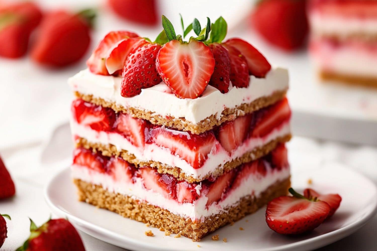 Sliced cake made with layers of graham, whipped cream and fresh strawberries.