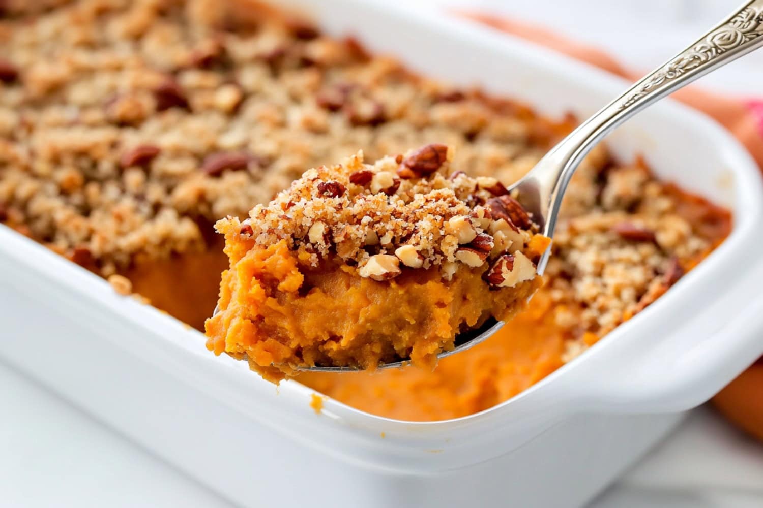 A spoonful of creamy and crunchy sweet potato souffle.