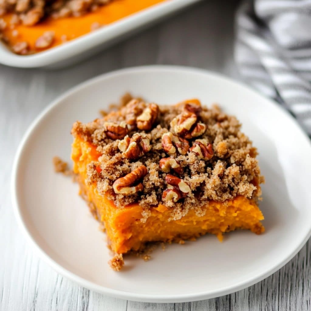 A serving of sweet potato soufflé with crispy topping served in a plate.