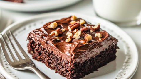 Nutty and fudgy homemade Texas sheet cake brownies.