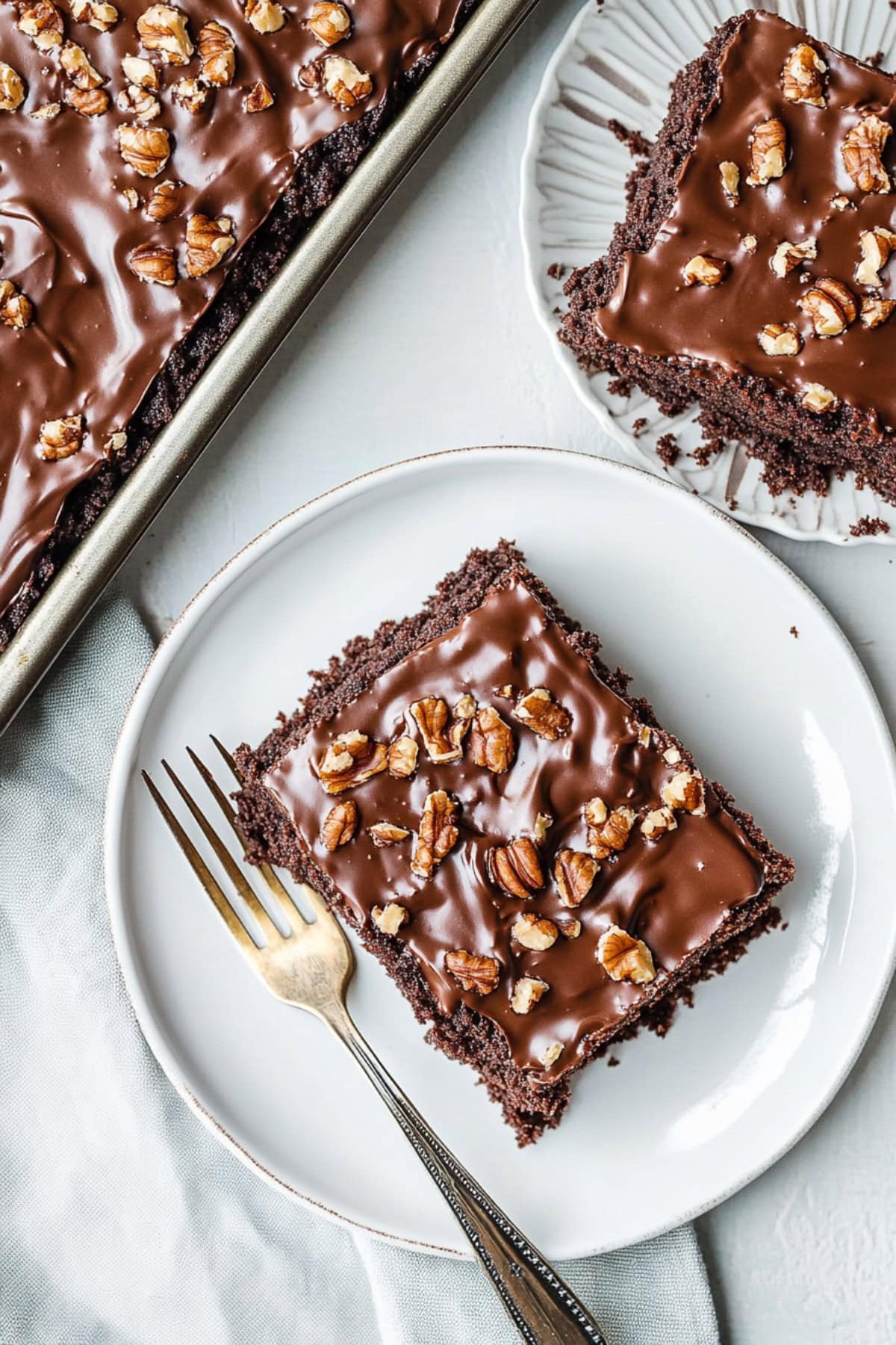 An overhead view of Texas sheet cake brownies topped with nuts.