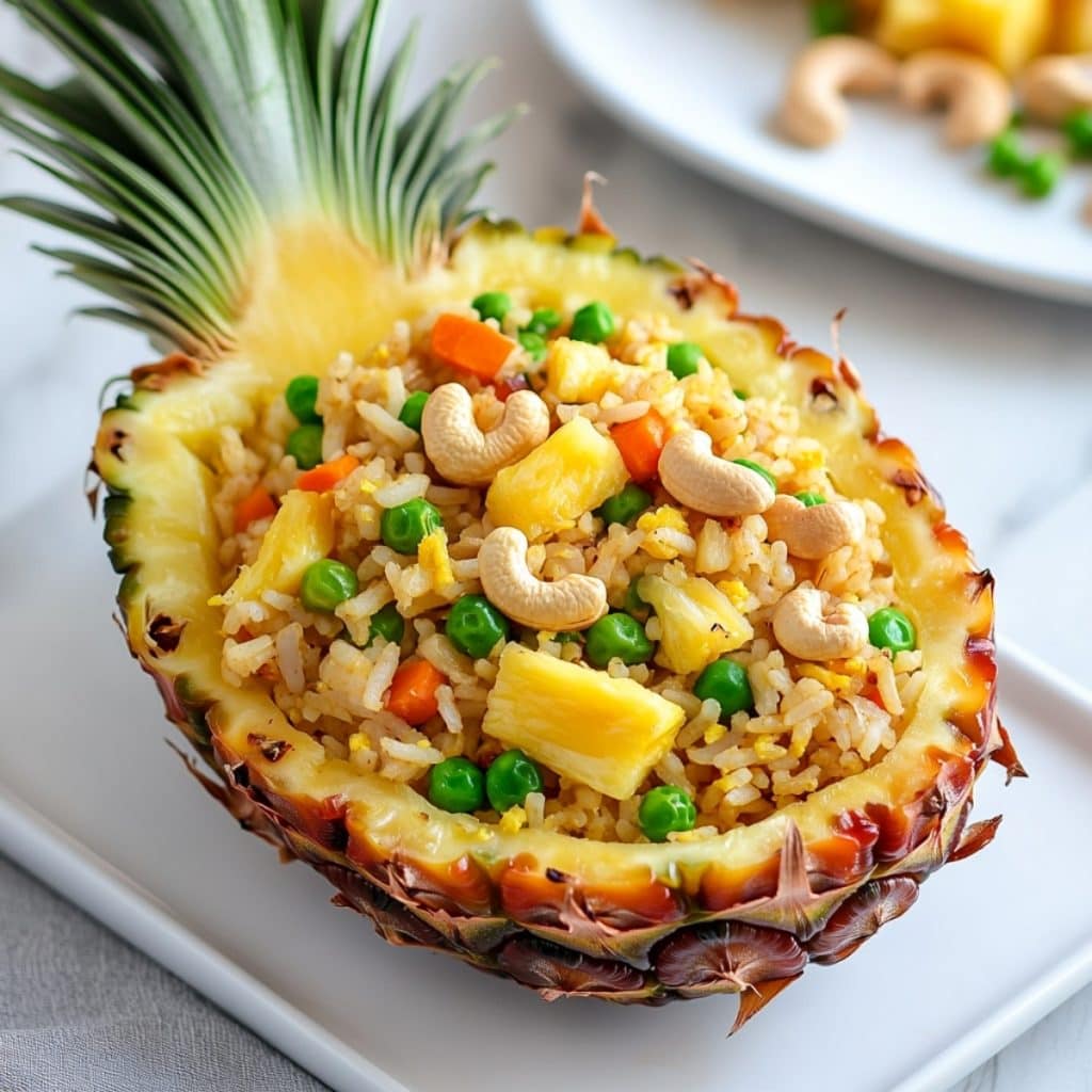 Hollowed pineapple filled with fried rice with carrots, pineapple chunks and green peas.