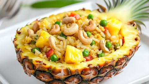 Fried rice with pineapple chunks, carrots and green peas served in a hollowed ripe pineapple.