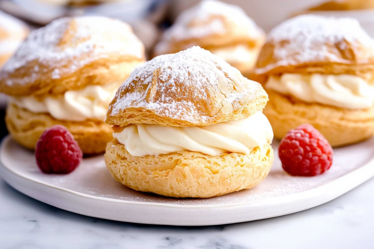 Sweet homemade cream puffs with raspberries on the side.