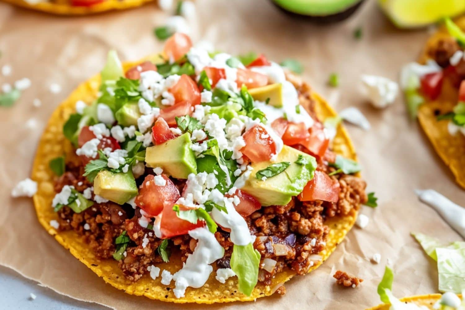 corn tortillas topped with ground beef, avocados, chopped lettuce, crumbled cheese drizzled with sour cream sitting on a parchment paper.