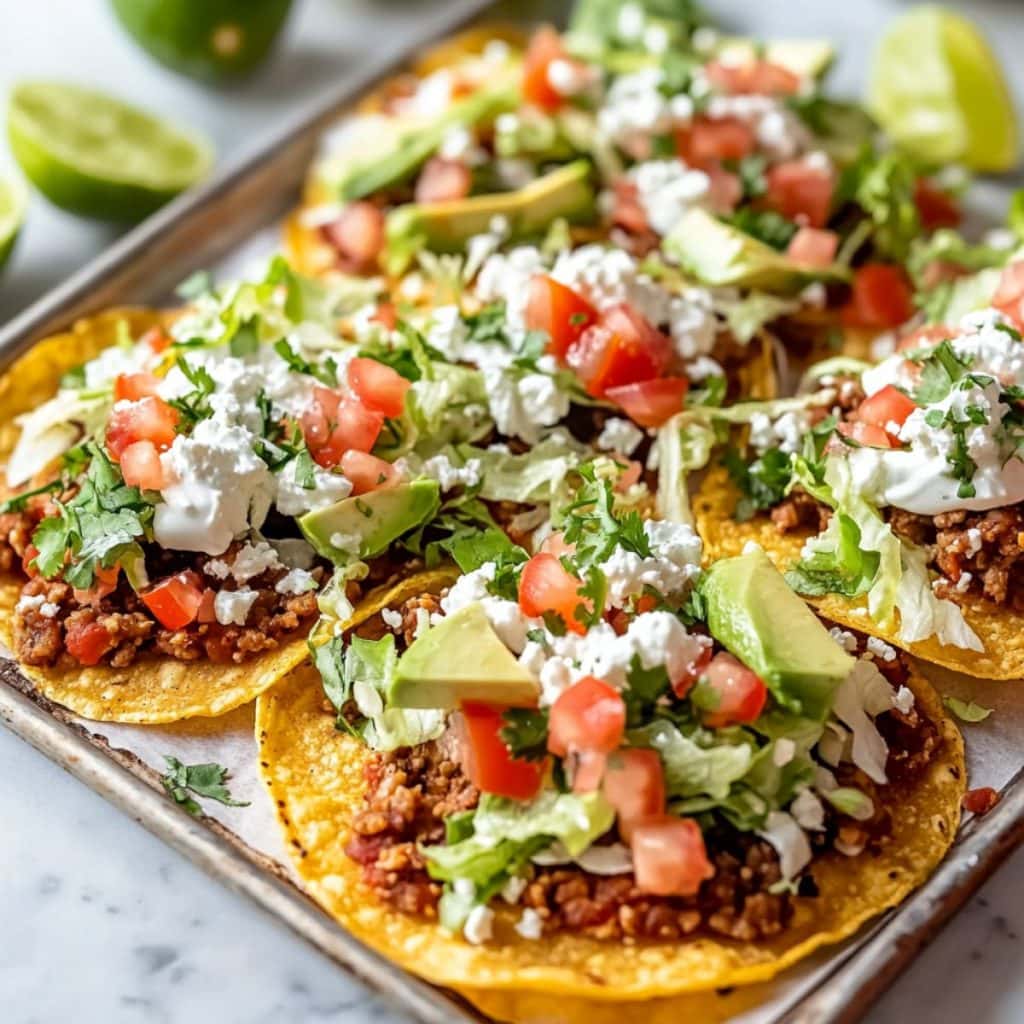 Tostadas topped with ground beef, crumbled cheese, chopped tomatoes and avocados drizzled with sour cream arranged in a sheet pan.