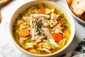 Overhead shot of a bowl of homemade turkey noodle soup, with fresh herbs and black pepper sprinkled on top.