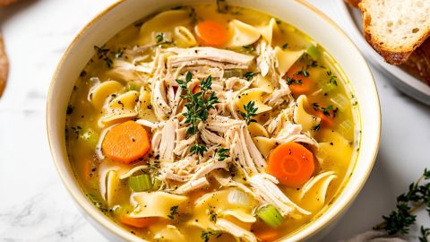 Overhead shot of a bowl of homemade turkey noodle soup, with fresh herbs and black pepper sprinkled on top.