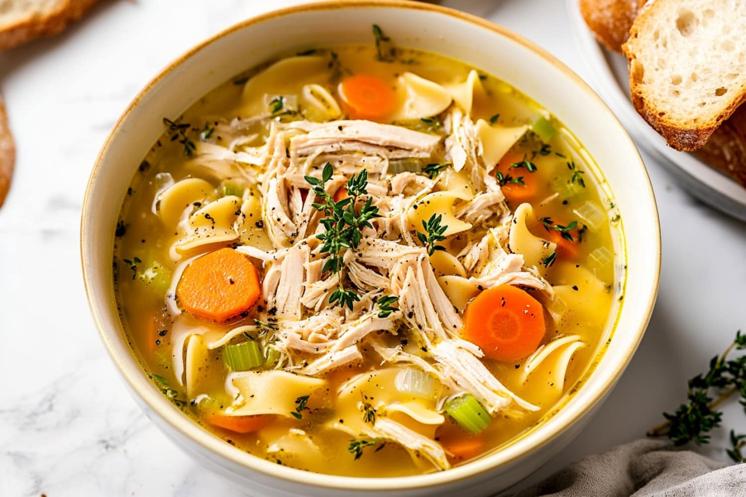 Overhead shot of a bowl of homemade turkey noodle soup, with fresh herbs and black pepper sprinkled on top.