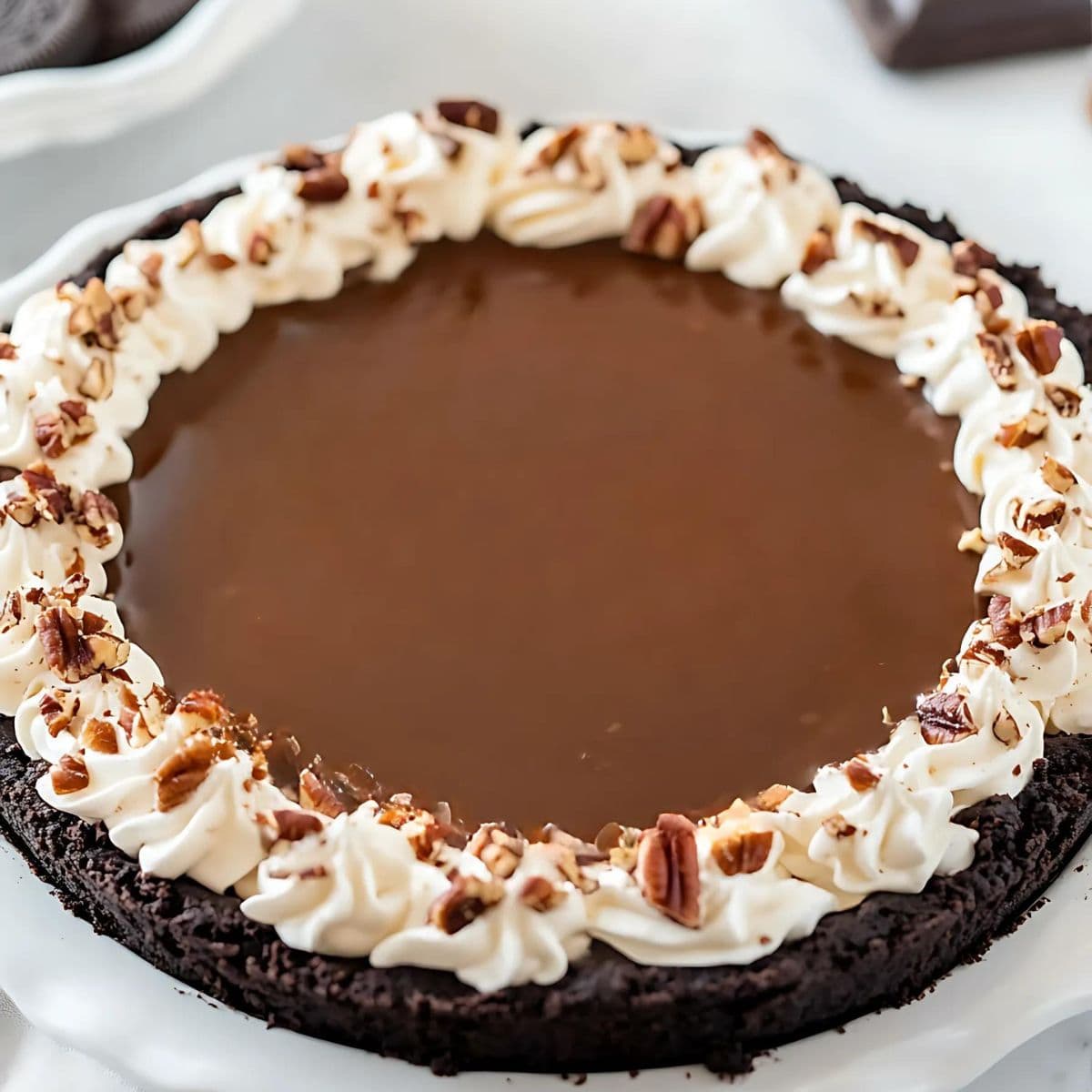 Whole turtle pie in a pie dish garnished with whipped cream.