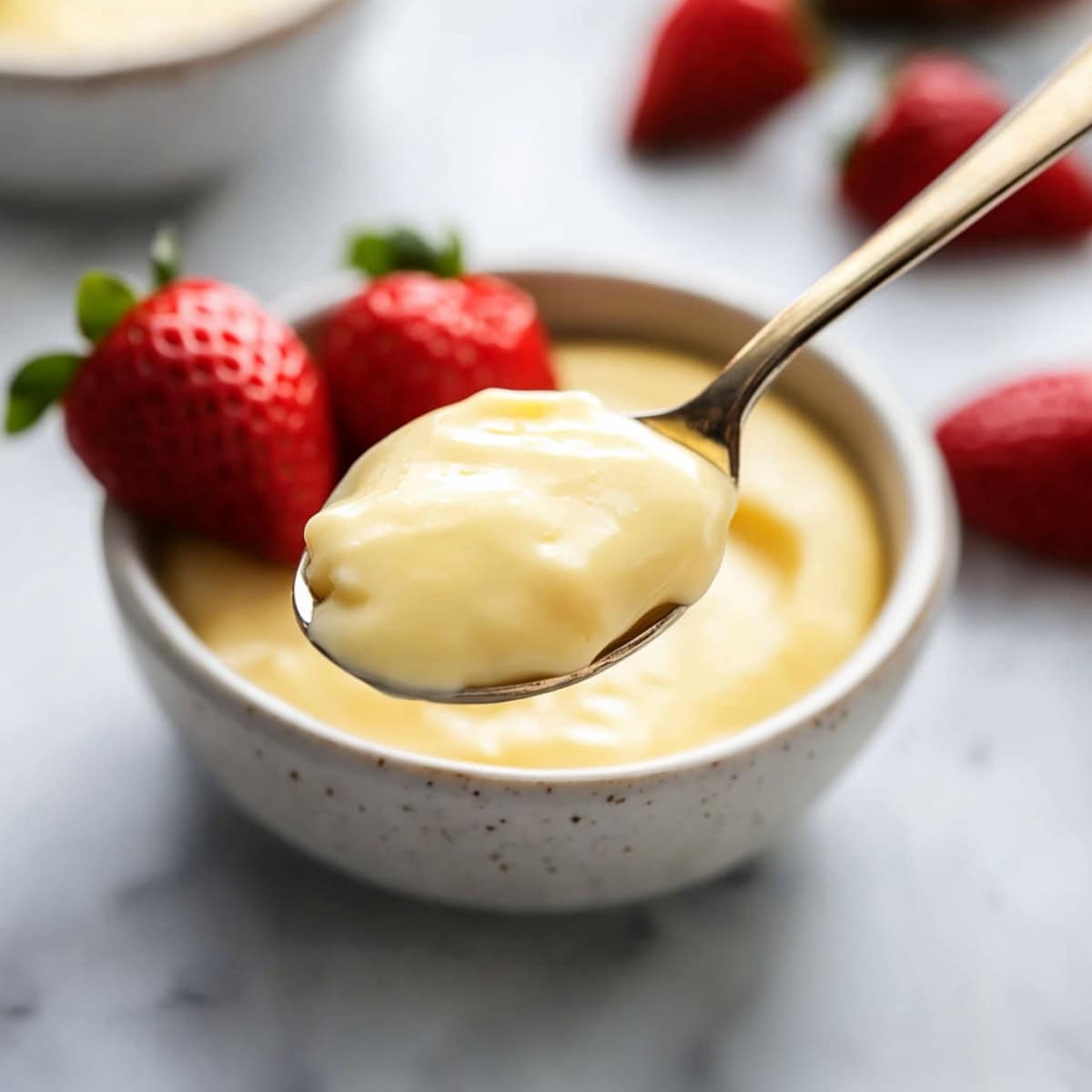 A spoonful of creamy vanilla pudding, close-up.