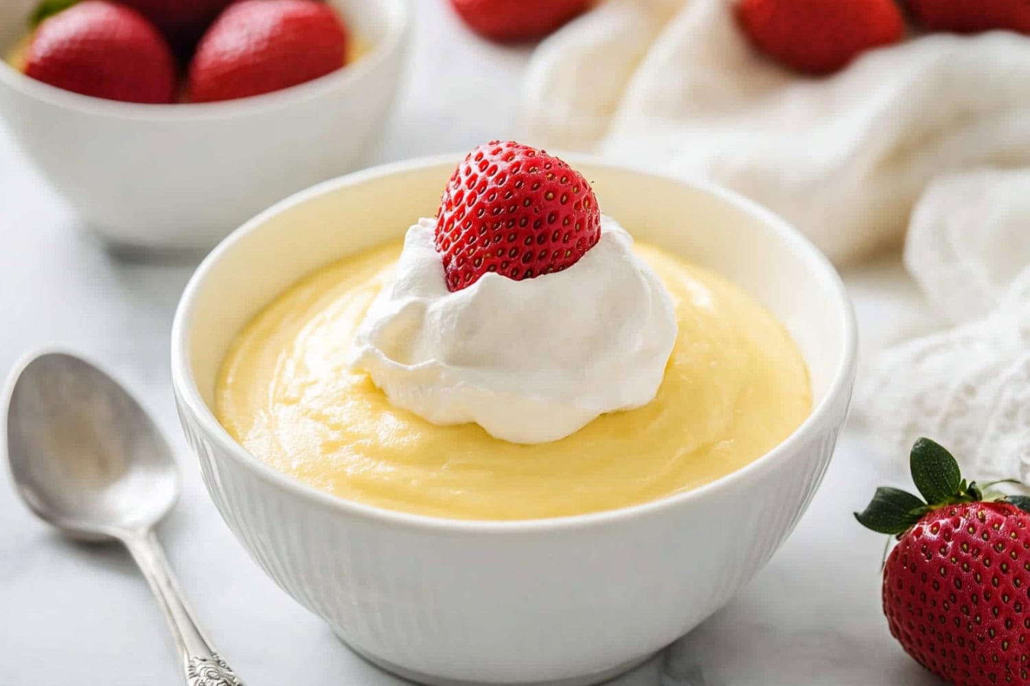 Vanilla pudding in a bowl with a dollop of whipped cream and strawberry.