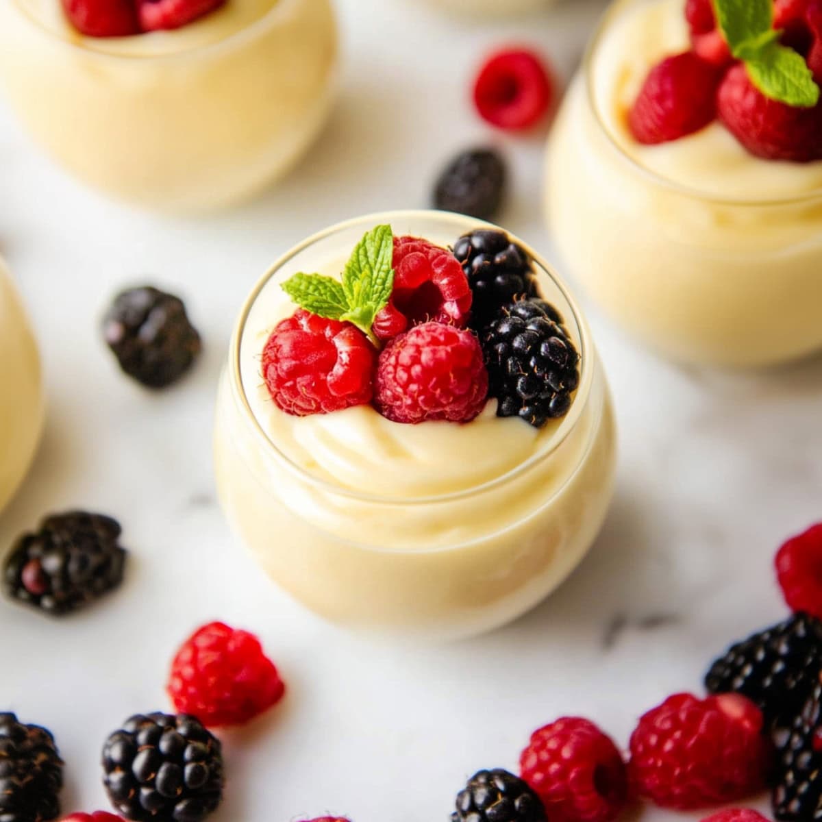 Vanilla pudding layered with whipped cream and berries in glasses.