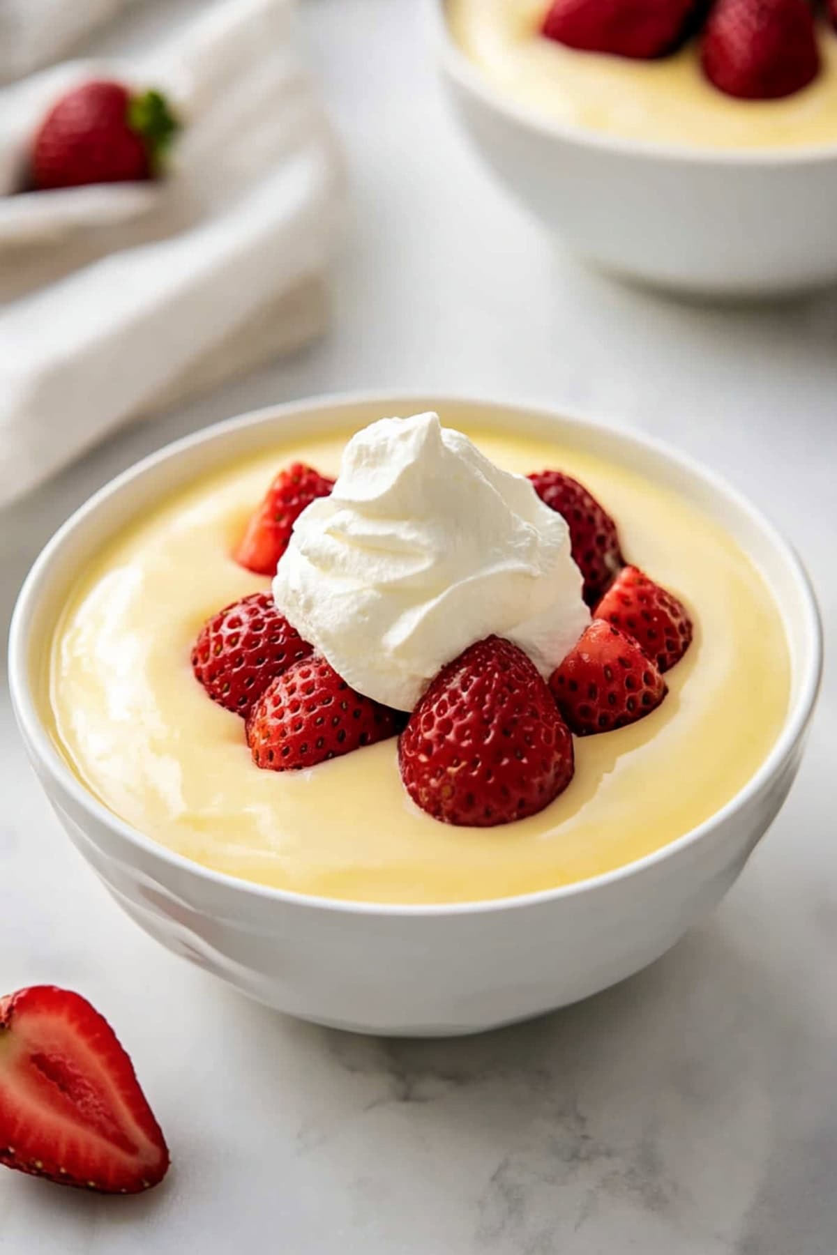 A bowl of creamy vanilla pudding with whipped cream and strawberries.