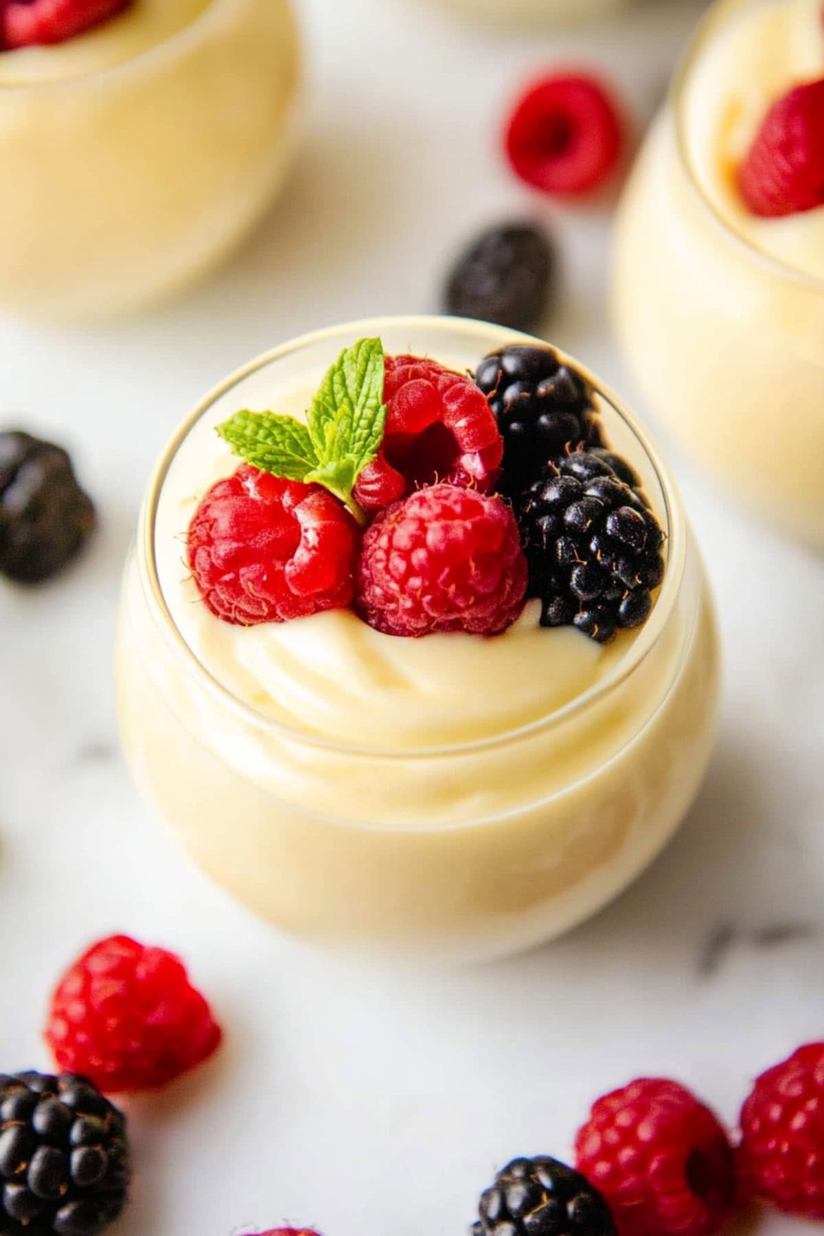 Glass bowls of vanilla puding with raspberries and blackberries.