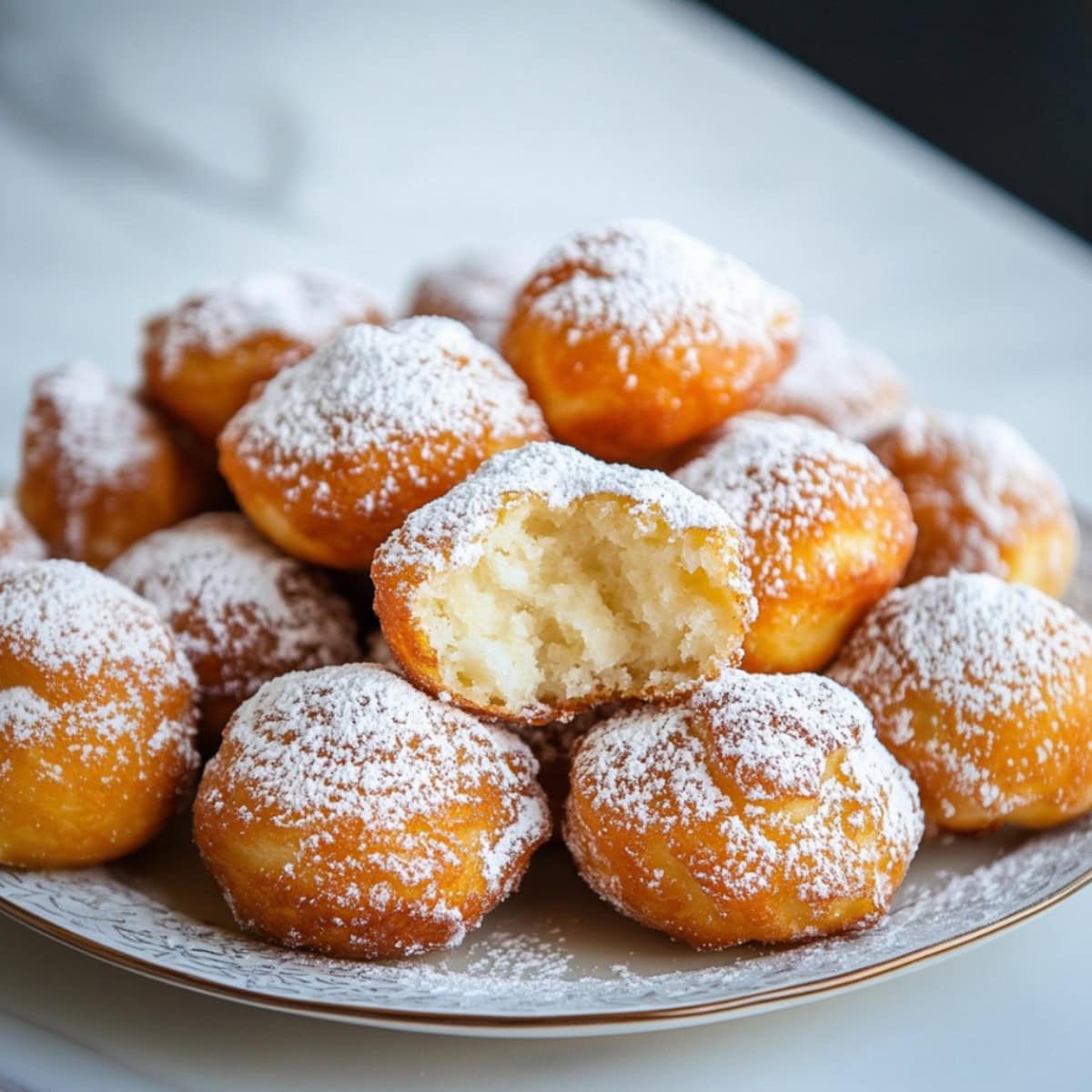 Bitten donut stacked on a plate full of donuts