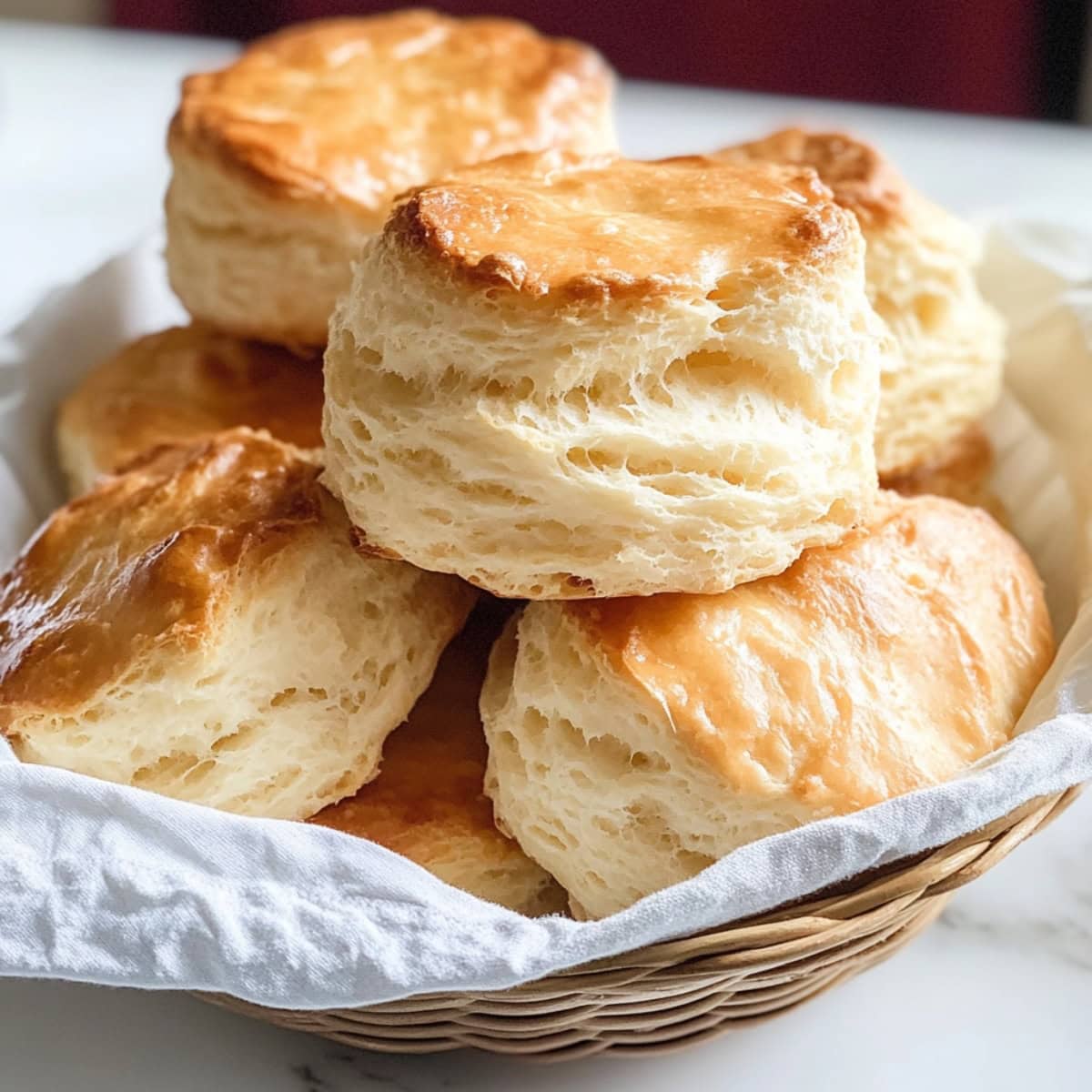 A warm, flaky angel biscuits on a basket.