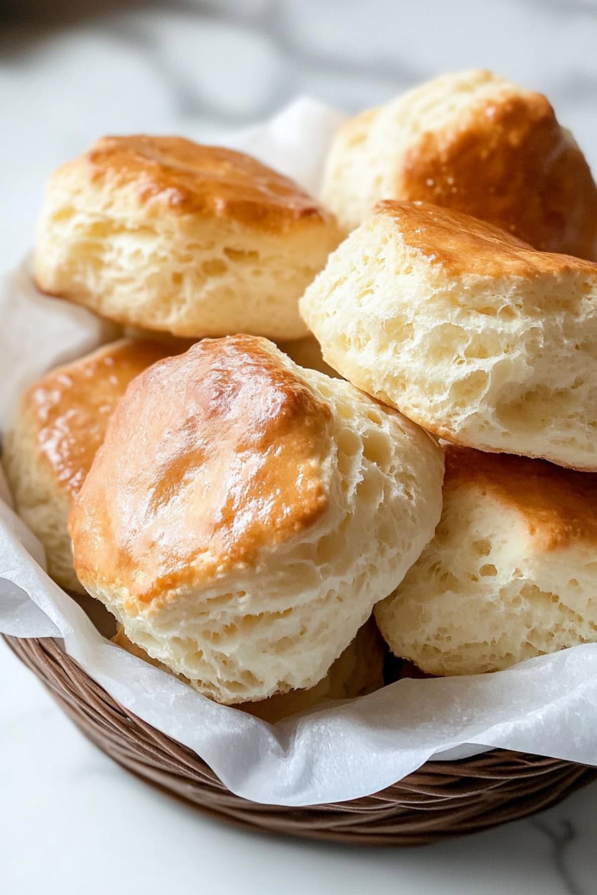 A basket of light and flaky angel biscuits.