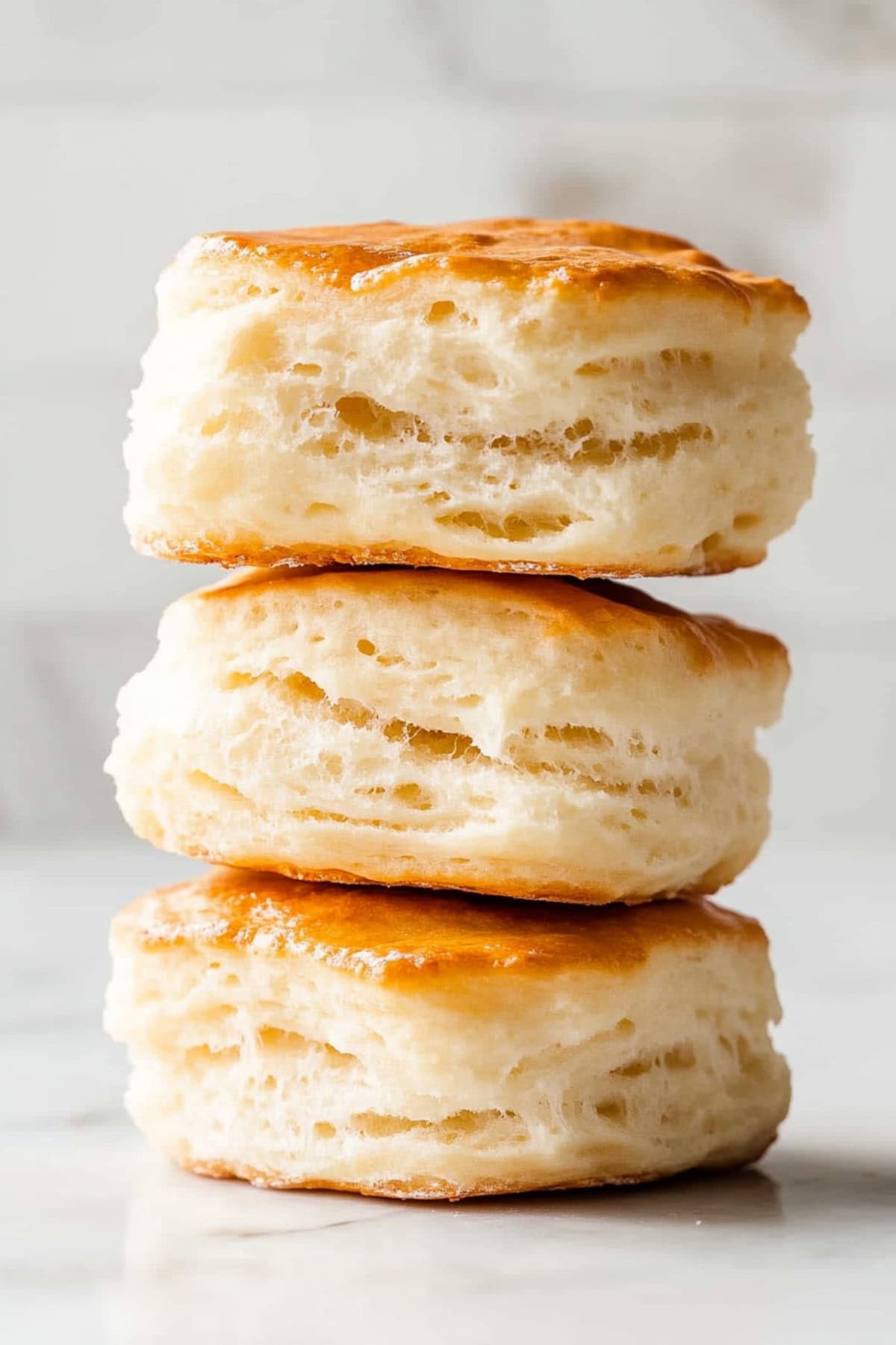 A stack of three buttery angel biscuits on a white marble table.