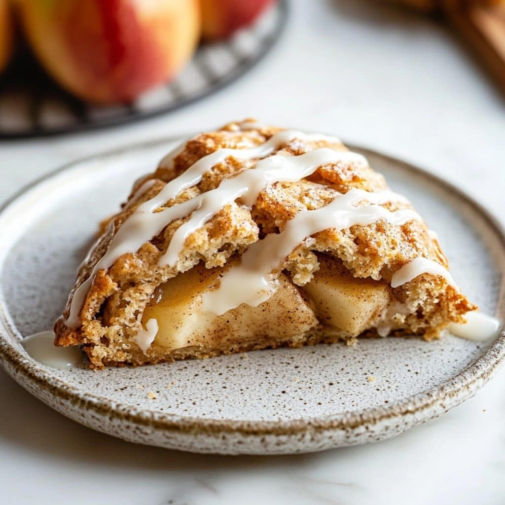 Apple cinnamon scones served in a white plate with vanilla glaze, side view