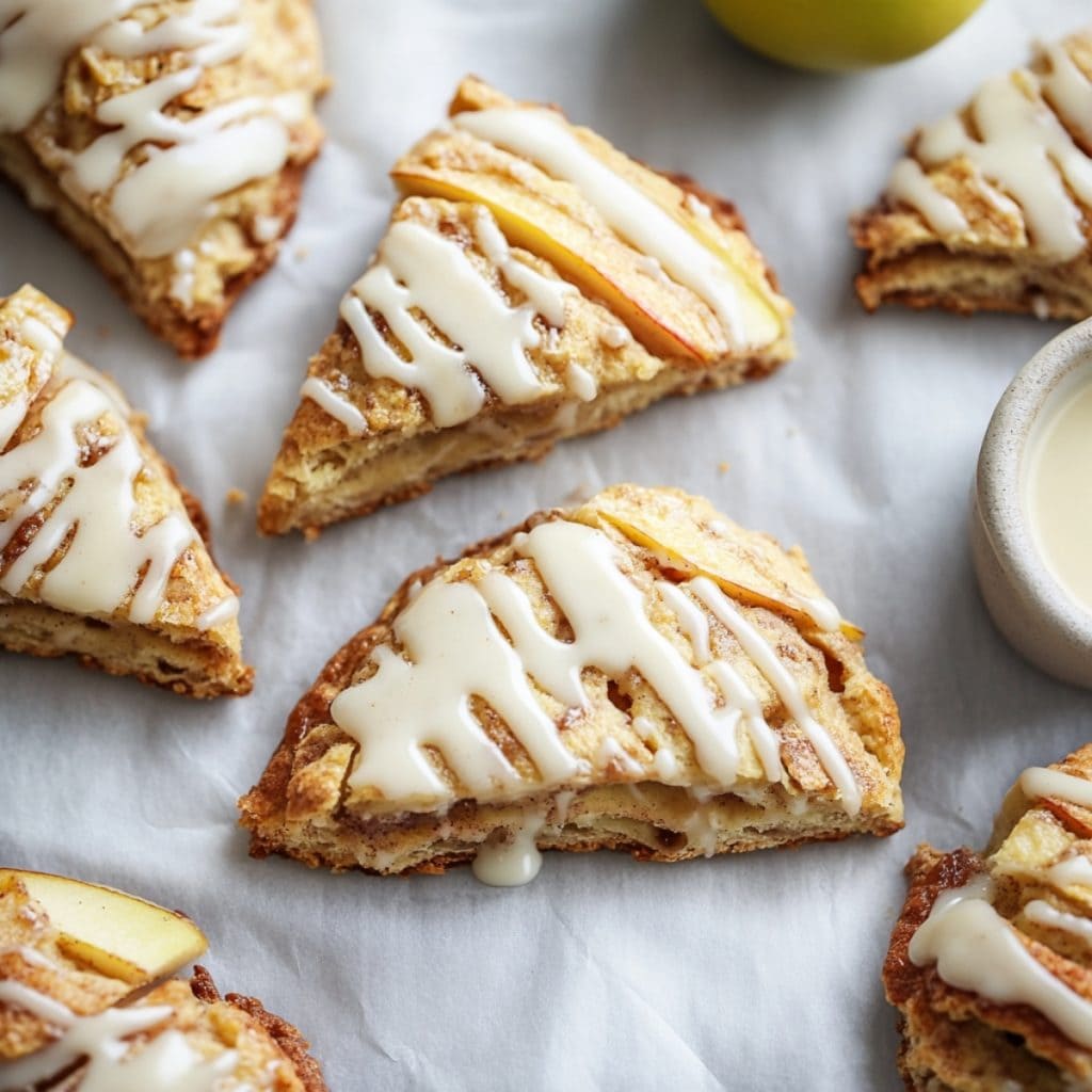 Apple cinnamon scones drizzled with vanilla glaze on parchment paper, top view