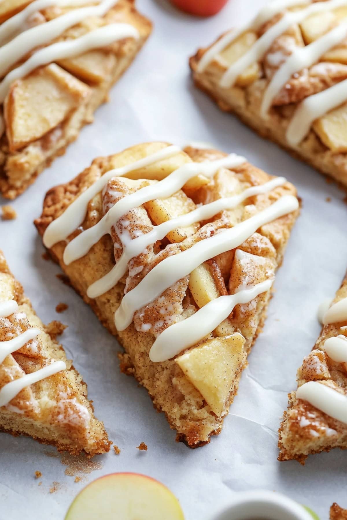 Cinnamon apple scones with sweet glaze, close up