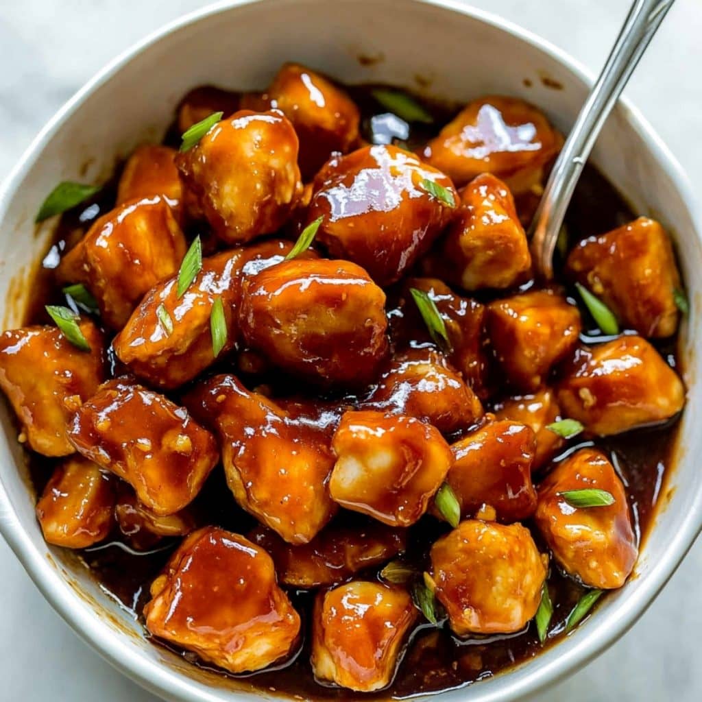 Apricot Chicken in a bowl, top view