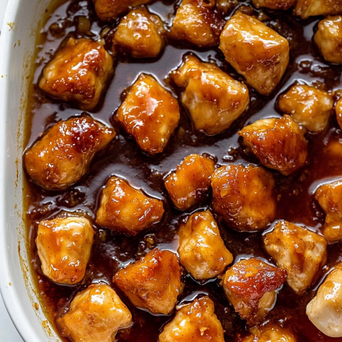 Apricot glazed chicken in a baking pan