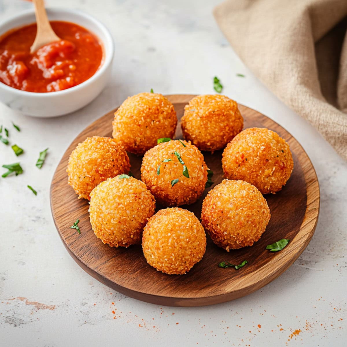 A plate of arancini arranged in a circle around a dish of marinara sauce, ready for dipping.