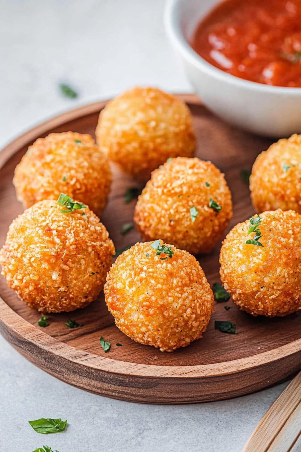 A wooden bowl of rice balls filled with mozzarella, ham and peas.