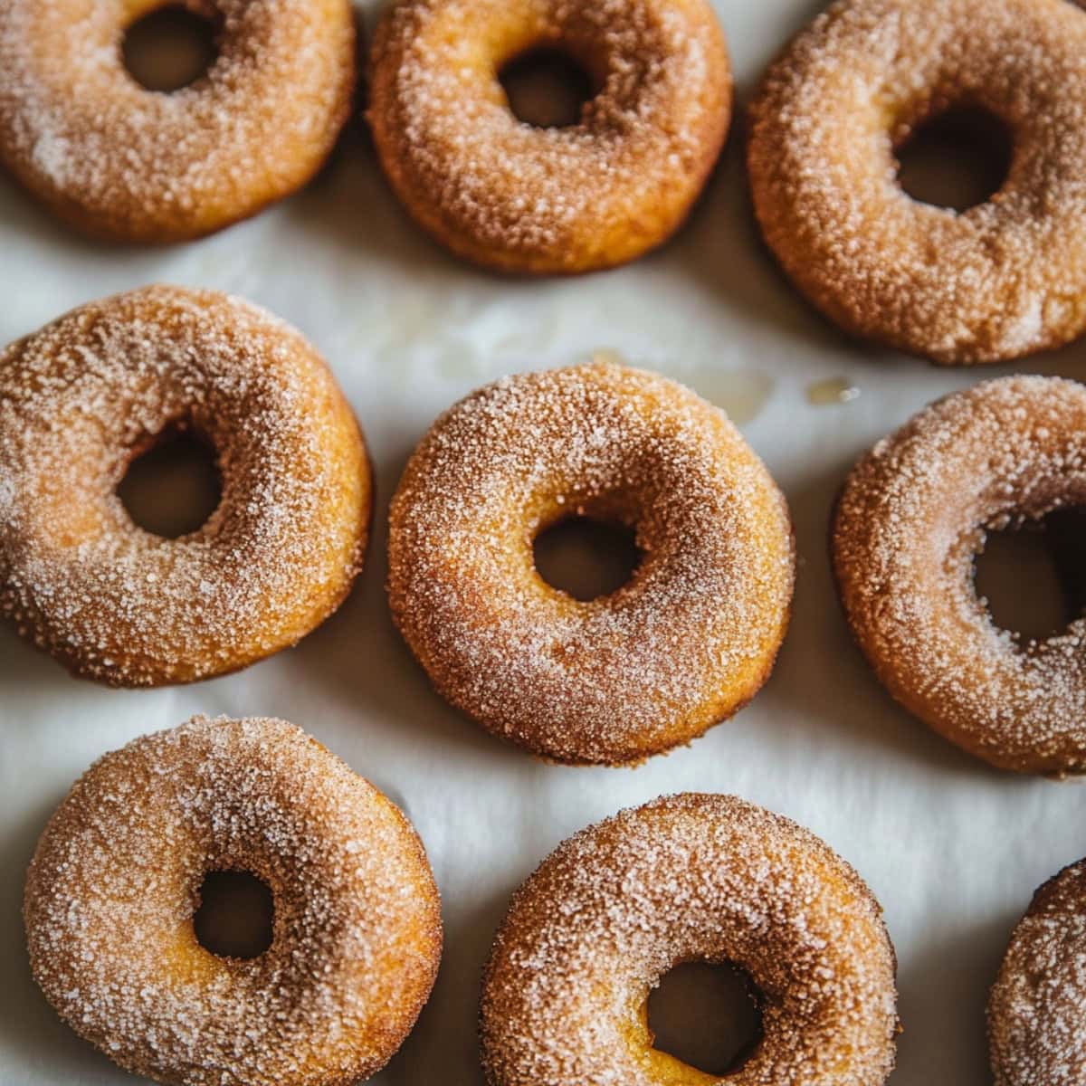 Baked donuts coated in cinnamon sugar arrange on a parchment paper, top view