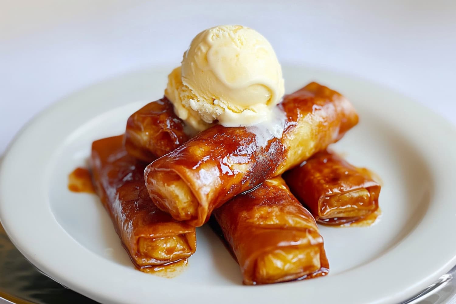 Deep-fried banana lumpia with a scoop of ice cream in a plate.