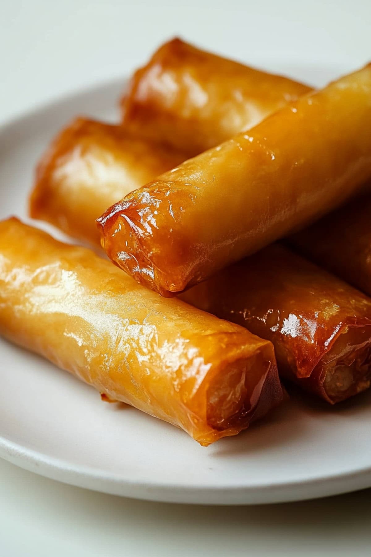 A close-up shot of golden brown crispy banana lumpia.