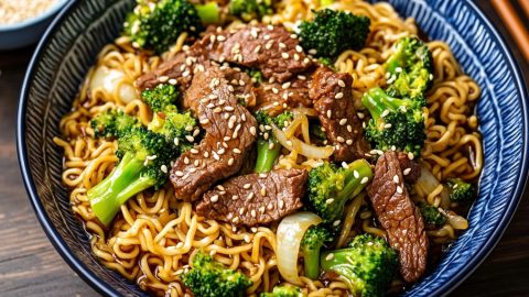 Beef and broccoli ramen stir fry served in a blue bowl garnished with sesame seeds.