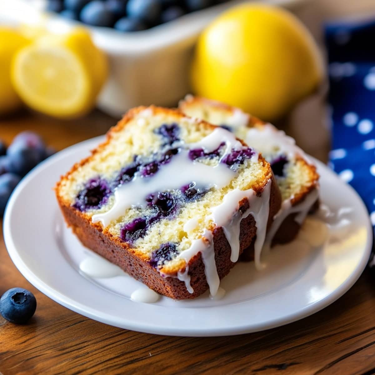 Sliced of blueberry Greek yogurt cake drizzled with glaze on a white plate.