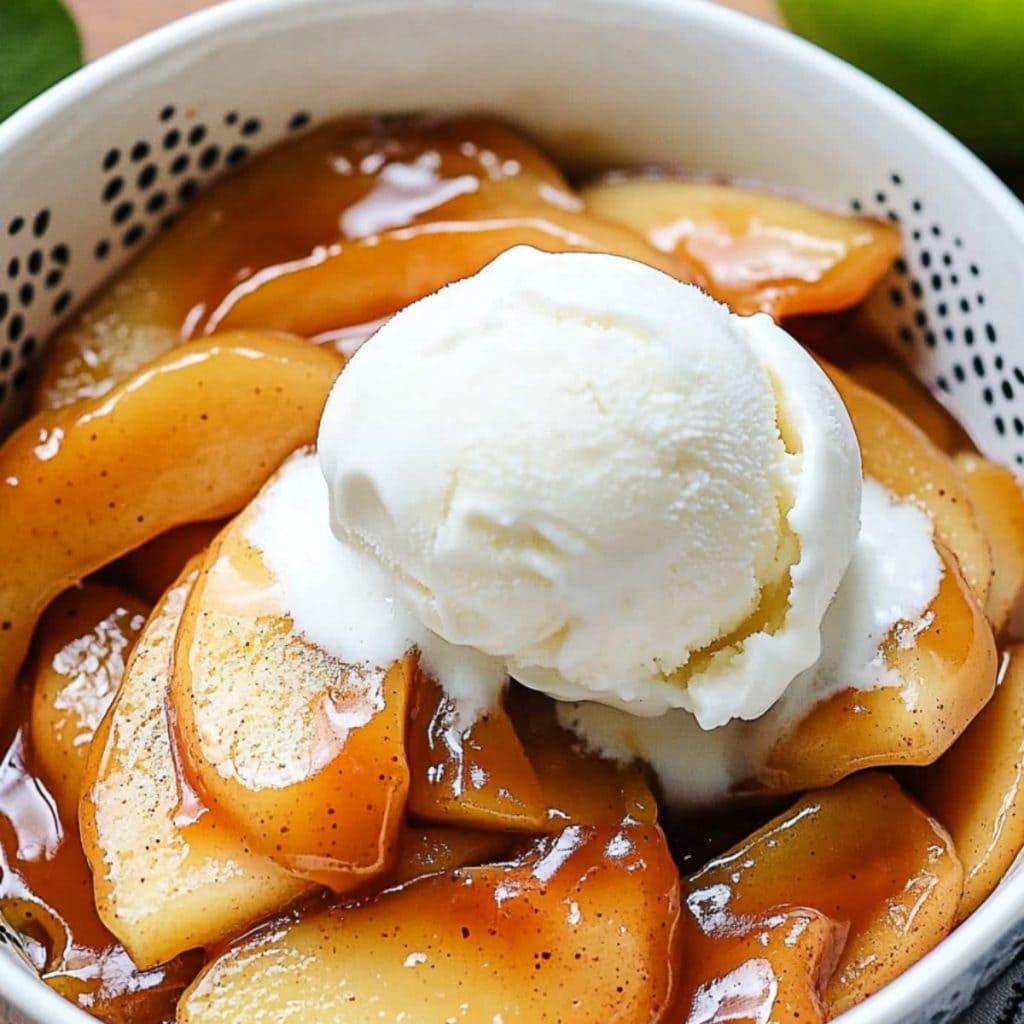 Caramelized apples with scoop of ice cream served in a white bowl.