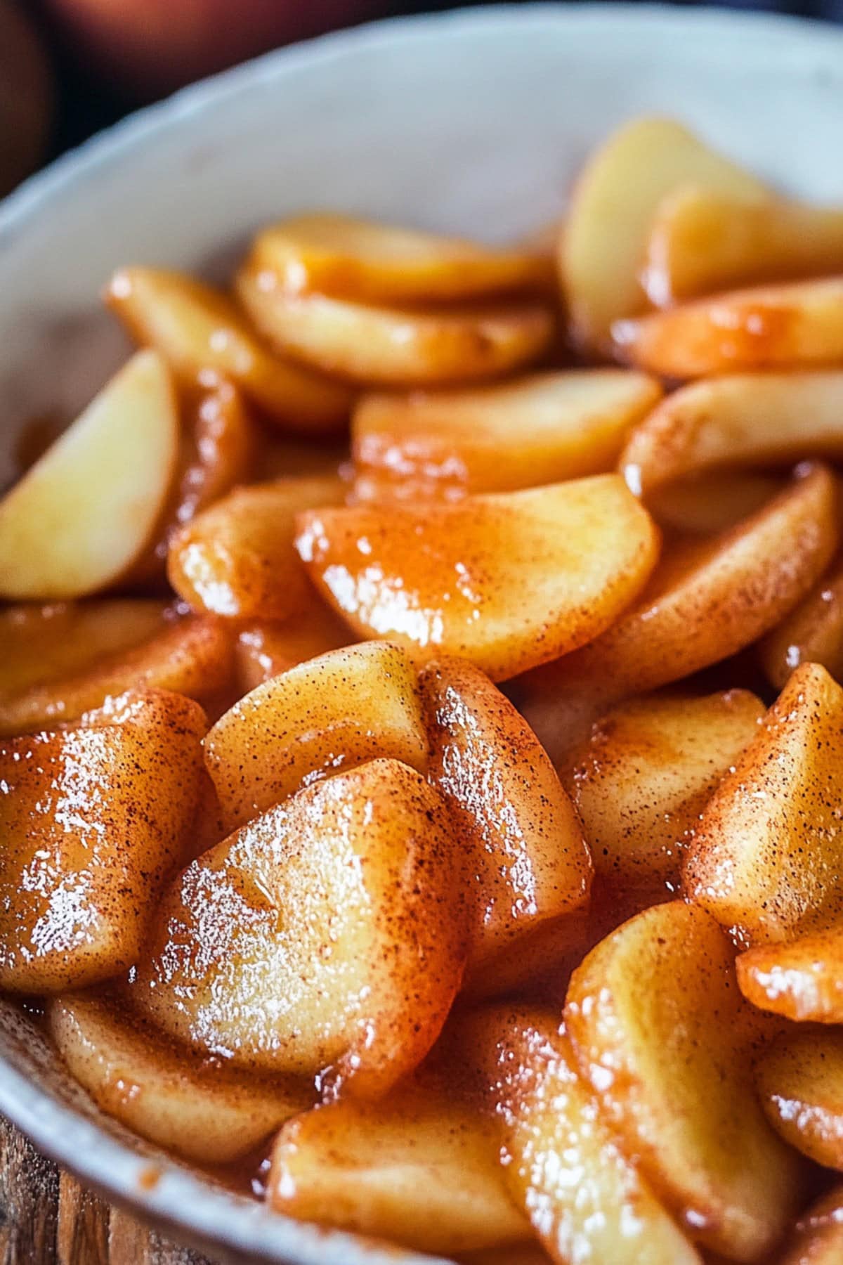 Caramelized apples dusted with cinnamon in a white bowl, close up