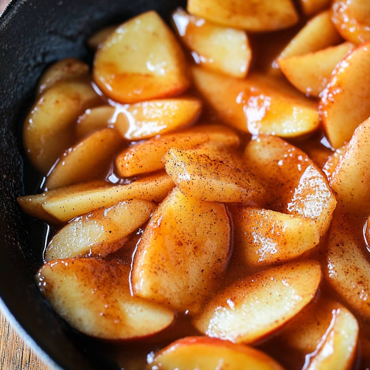 Caramelized apples in a skillet pan.