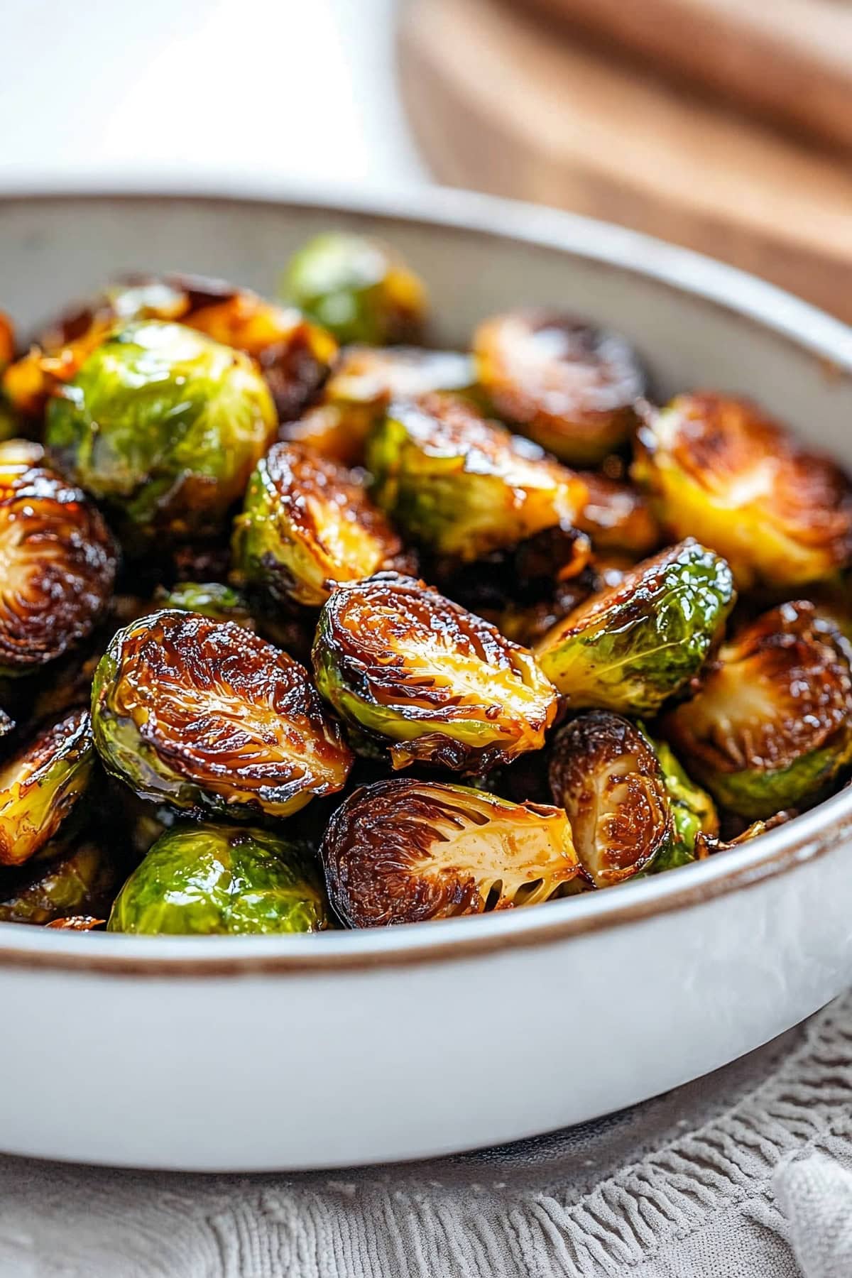 A bowl of caramelized Brussels sprouts glistening with a golden-brown sheen, topped with crispy edges.