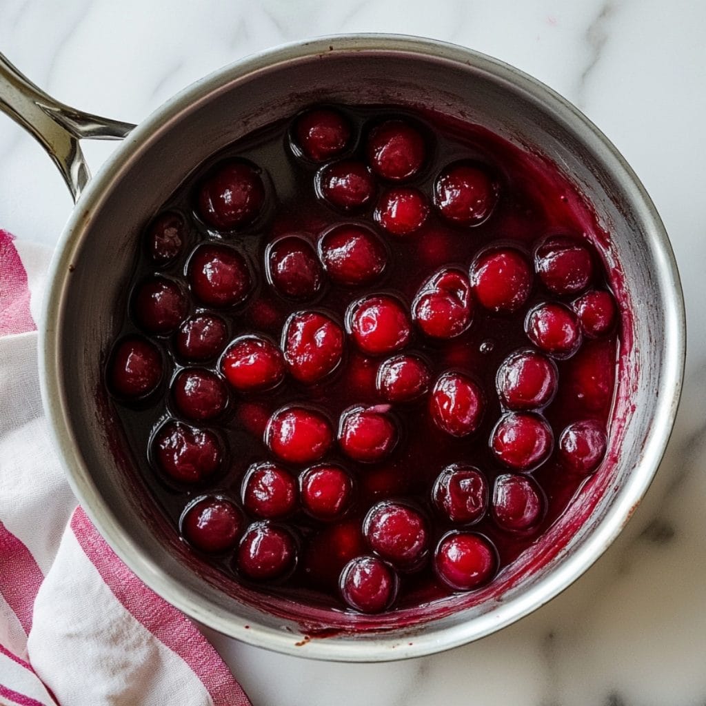 Cherries Jubilee cooked in a saucepan, top view