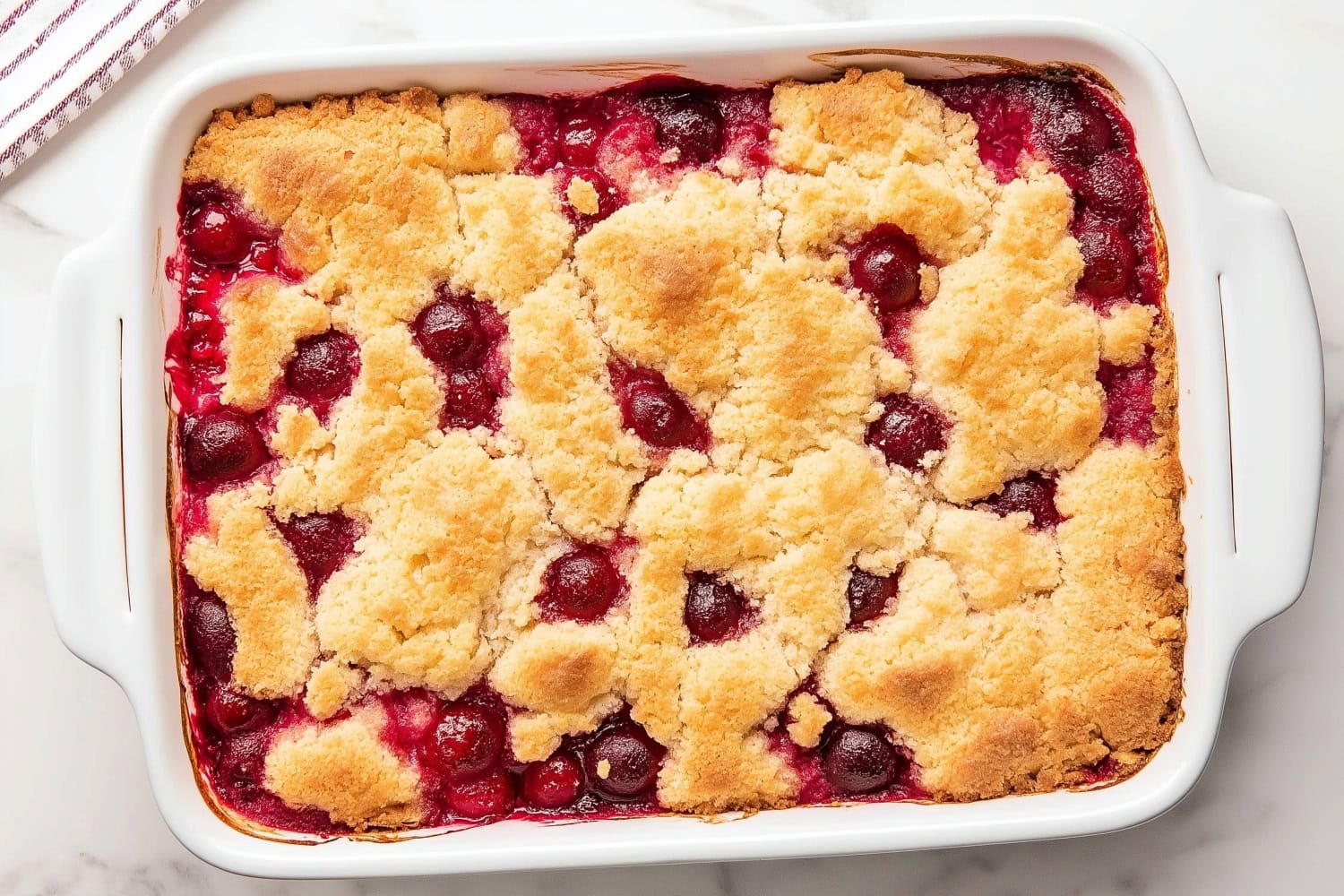 Cherry Pineapple Dump Cake in a baking dish, top view