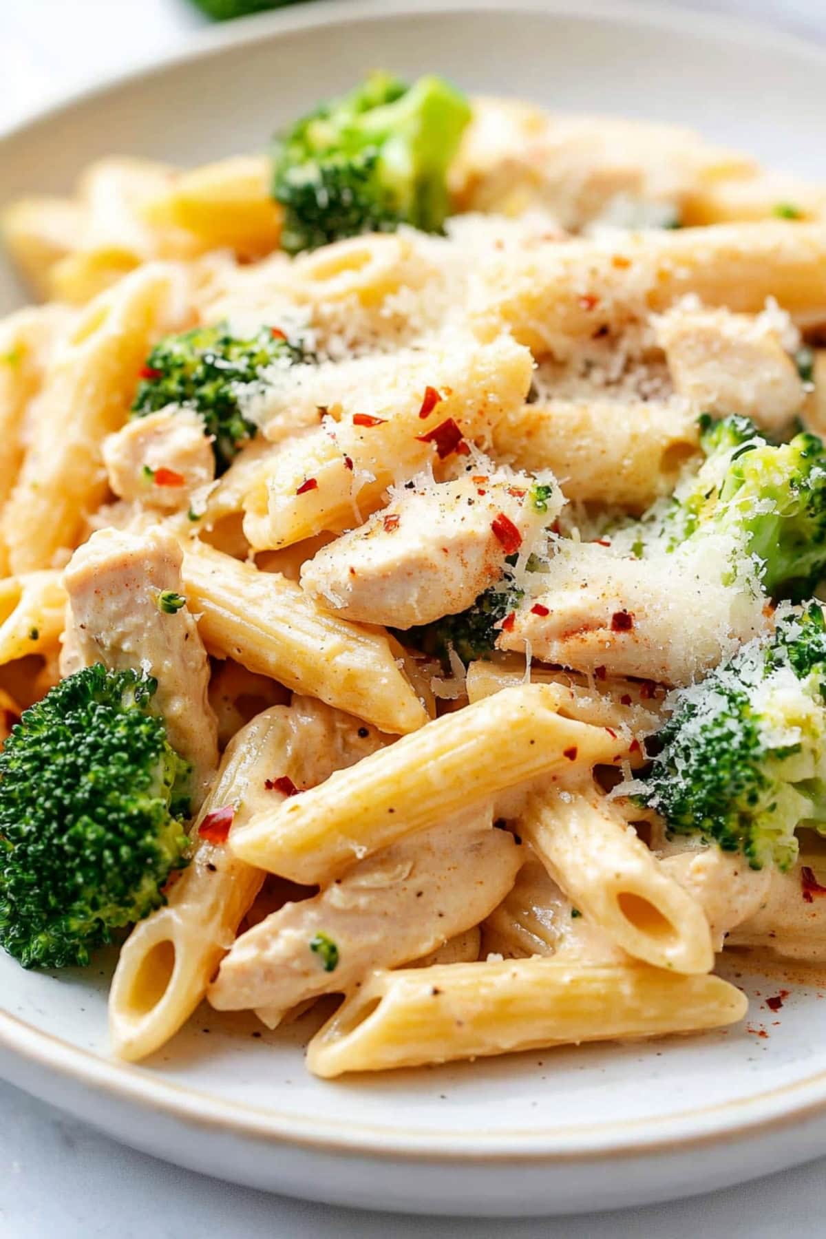 A close-up shot chicken and broccoli featuring penne in a creamy sauce.