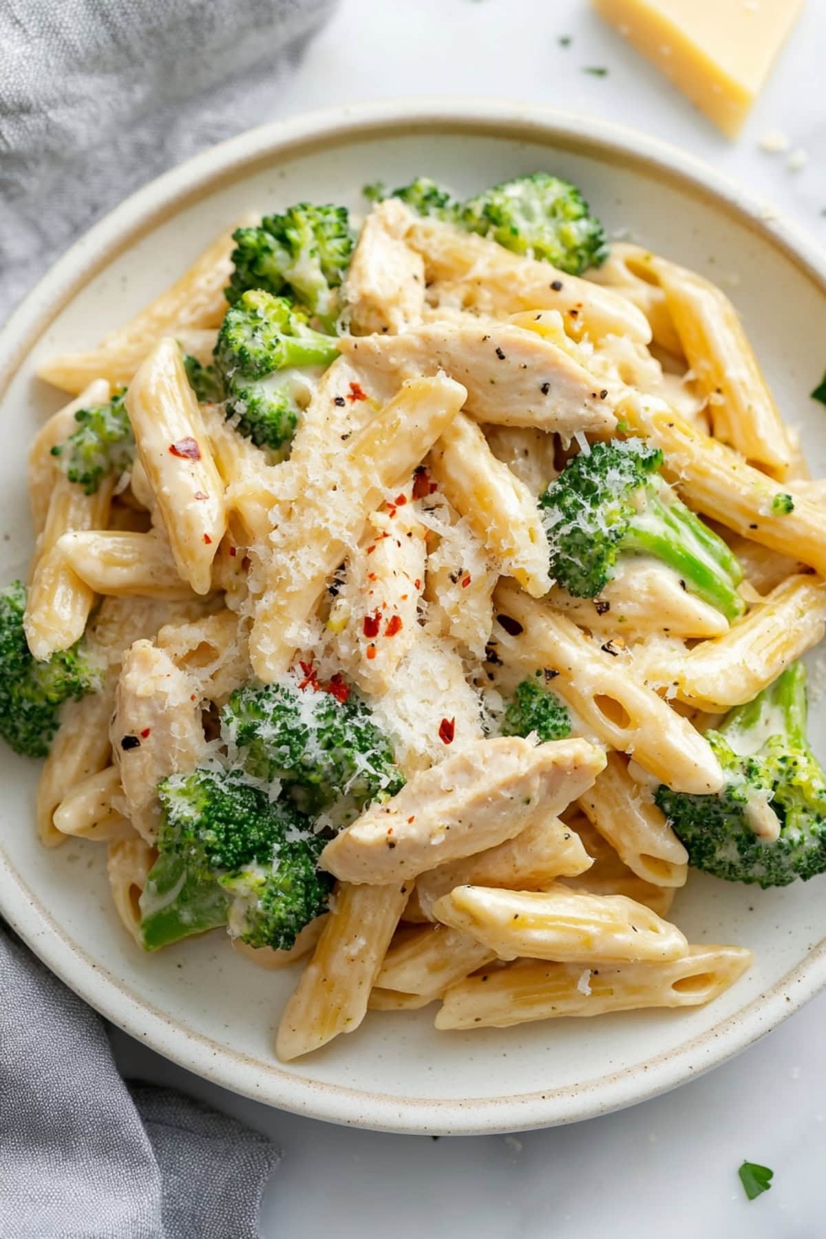 A plate of chicken and broccoli pasta with a fork ready to take a bite, sprinkled with red pepper flakes.