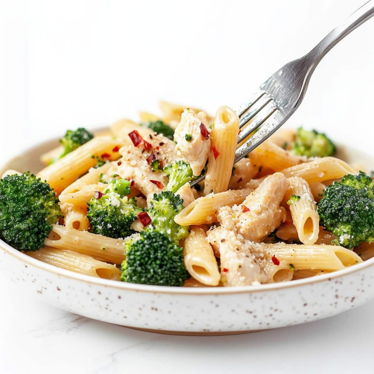 Creamy chicken and broccoli pasta with red pepper flakes.