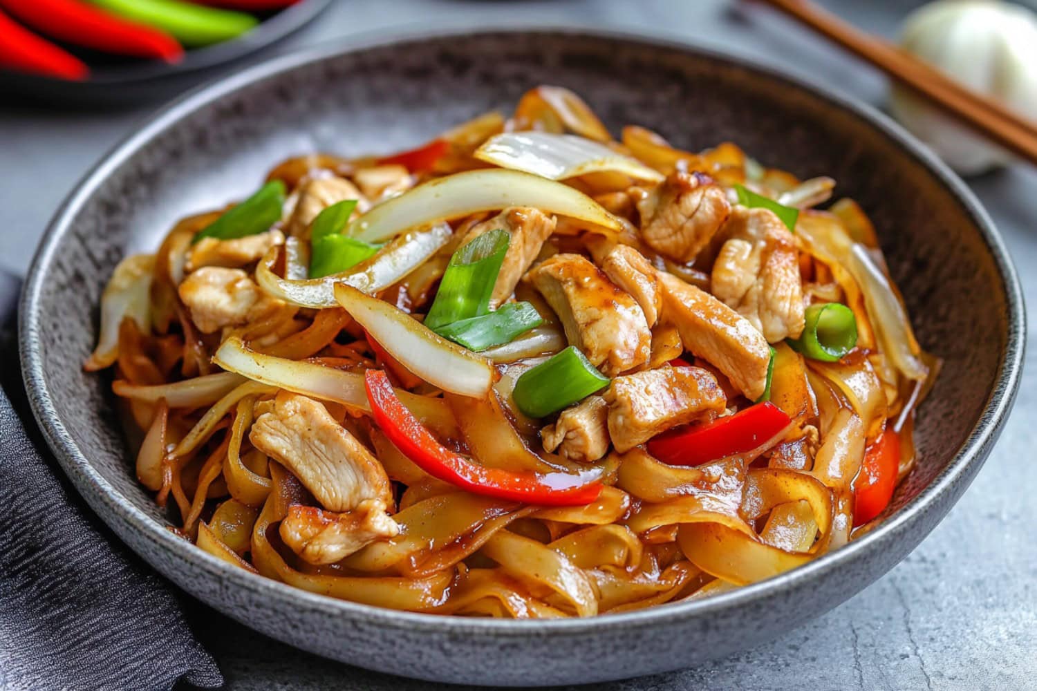 Flavorful chicken chow fun with noodles and vegetables in a bowl.