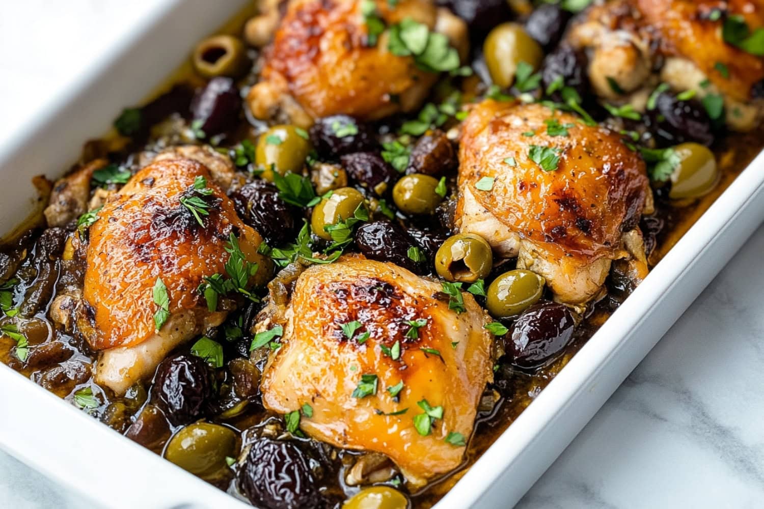 A family-style serving of Chicken Marbella with golden-baked chicken, a sweet and savory marinade, and fresh herbs.