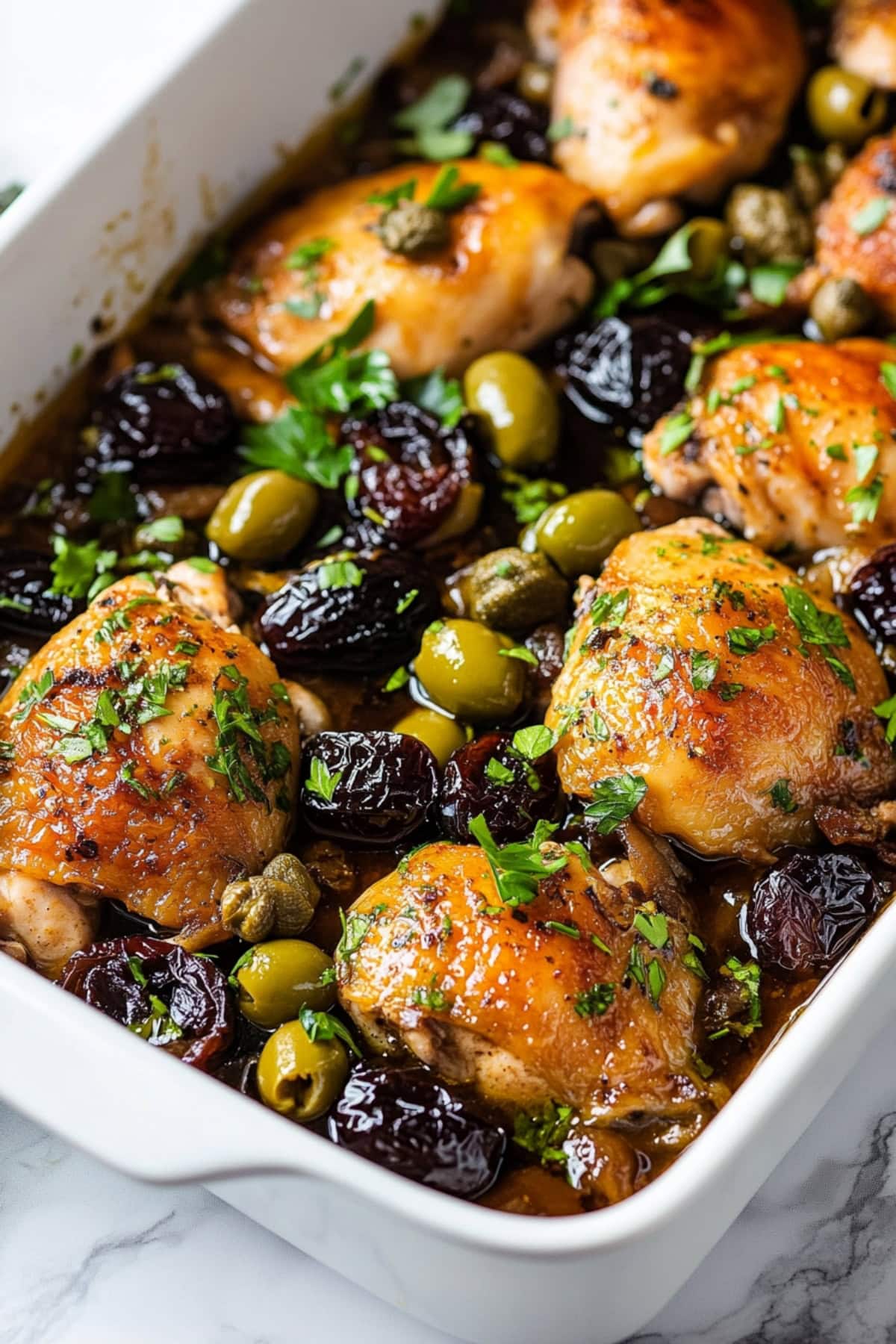 A baking dish filled with chicken Marbella with prunes and olives, garnished with herbs.