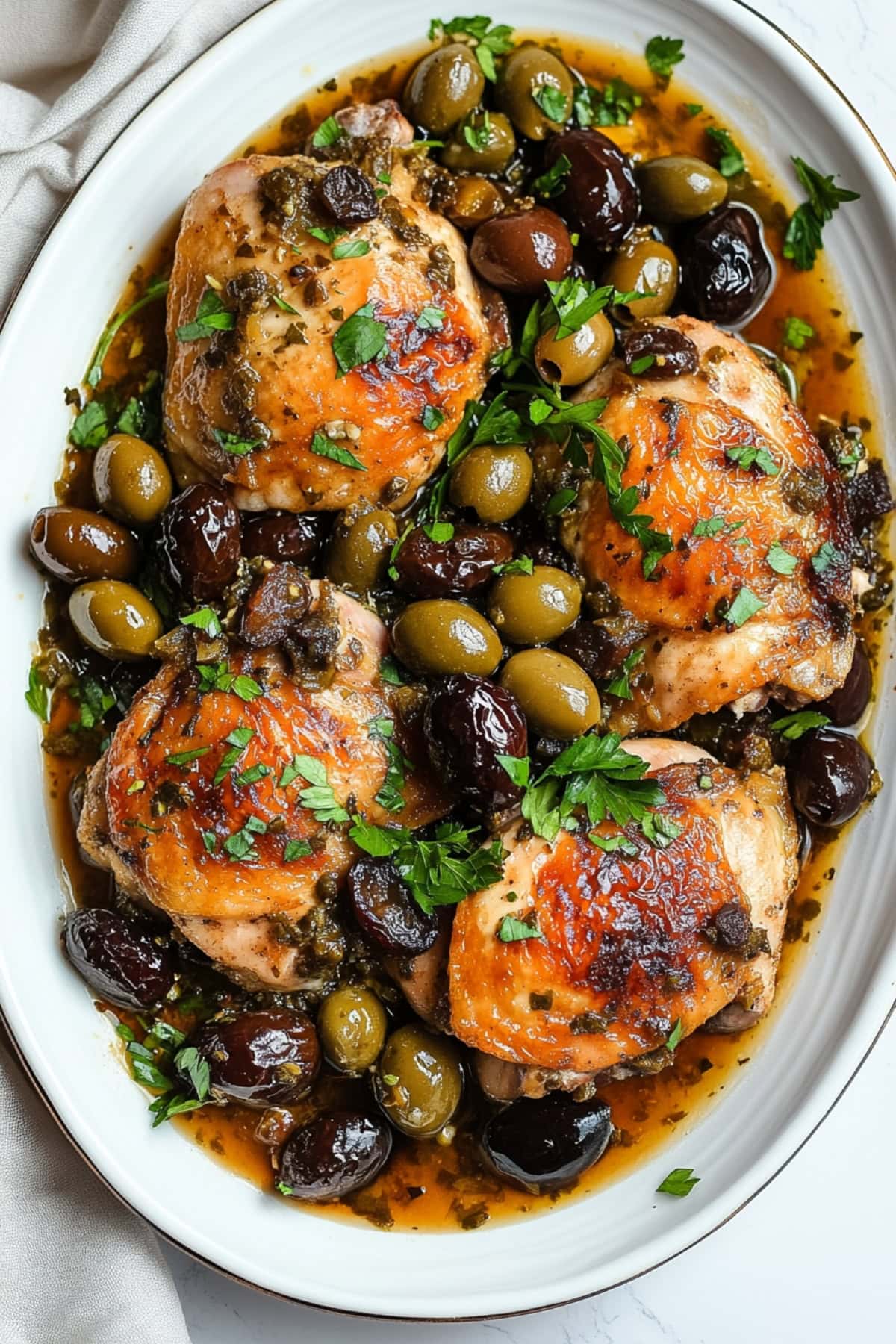 A platter of chicken Marbella with prunes and olives.