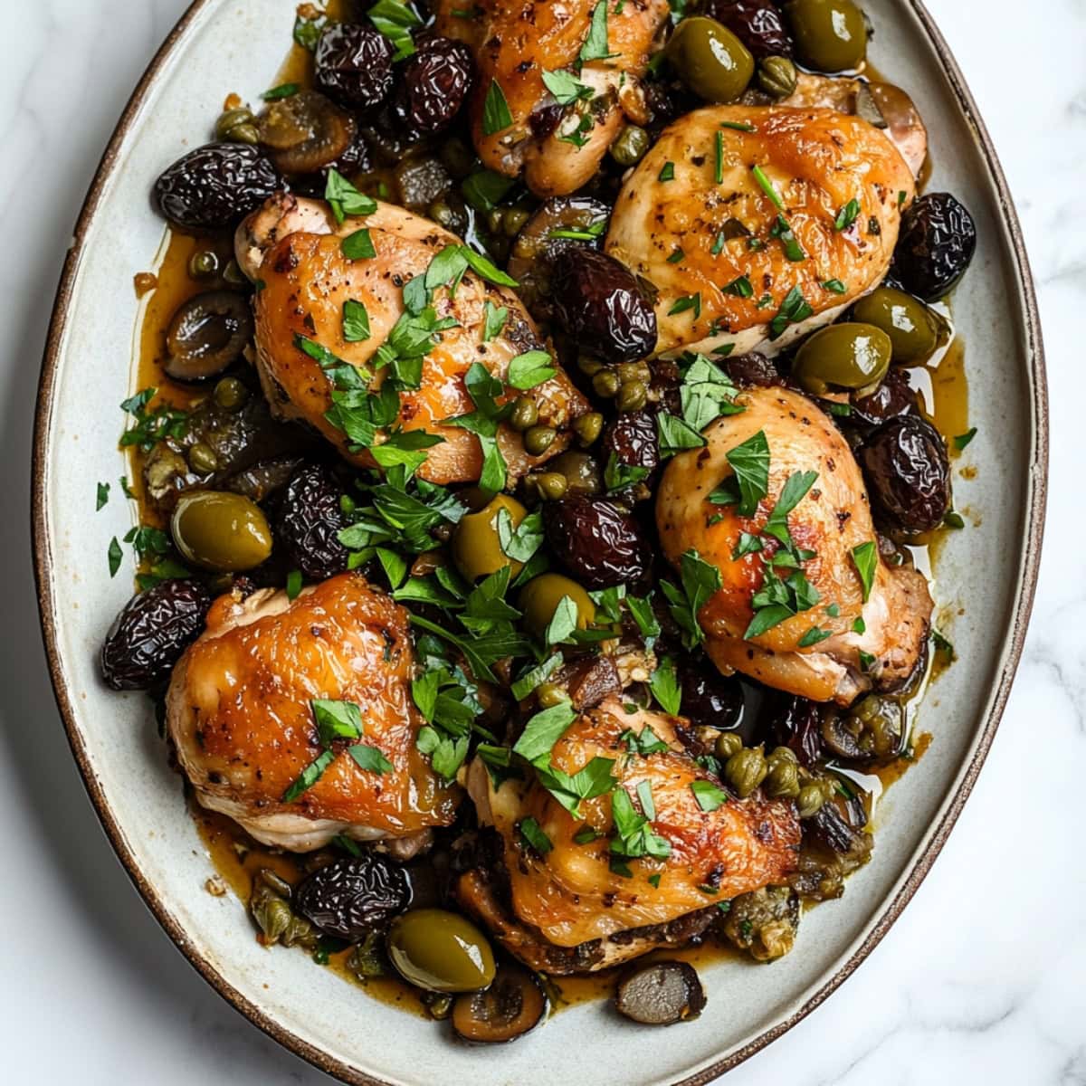 A serving of Chicken Marbella with juicy chicken thighs, caramelized prunes, and green olives garnished with fresh parsley.